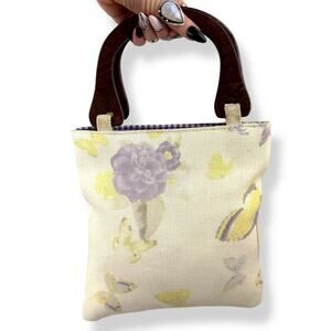 90's woven linen butterfly floral wood handle bag by FASHION EXPRESS ORIGINAL